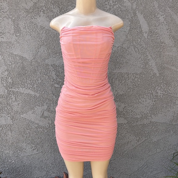 Ruched Mesh Bodycon Dress in Pink